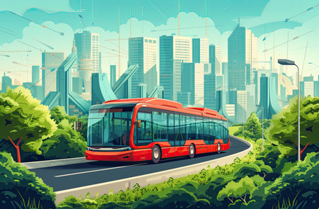 City bus on the road. Vector illustration in cartoon style. Urban landscape.の素材