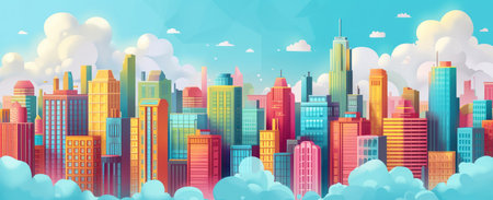Cityscape background. Cityscape with skyscrapers and clouds. Vector illustration.の素材