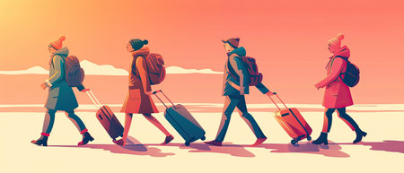 Group of tourists with suitcases walking on the beach, vector illustrationの素材