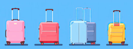 Set of travel suitcases isolated on blue background. Vector illustration in flat style.の素材