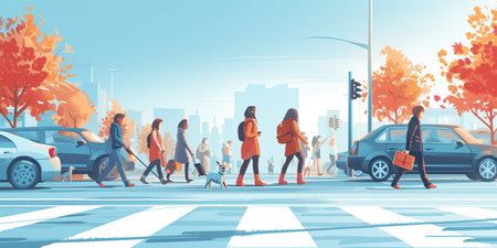 People walking in the city. Urban scene. Vector illustration in cartoon styleの素材