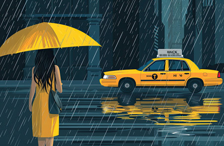Young woman with umbrella and yellow taxi in rain. Vector illustration.の素材