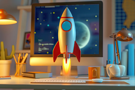 3D rendering of a rocket on a desk with a computer.の素材