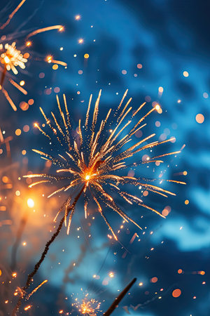 beautiful firework with bokeh effect on blue sky backgroundの素材