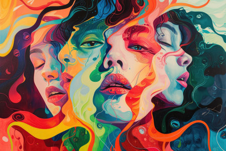 Close-up portrait of two young women with colorful abstract background.の素材