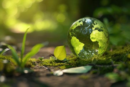 Glass globe on green moss in forest. Ecology and environment conservation concept.の素材
