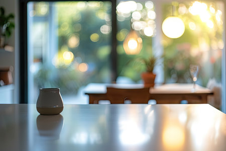 Empty wooden table and Coffee shop blur background with bokeh image.の素材