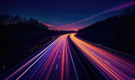 Highway at night with car light trails. Long exposure photo.の素材