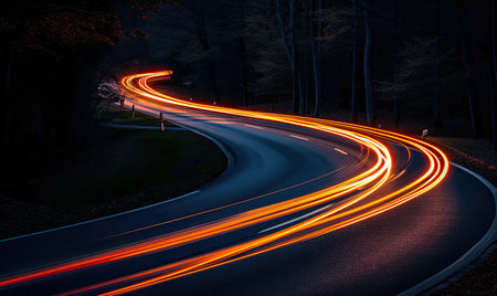 Car light trails in the forest. Long exposure photo taken in a forest.の素材