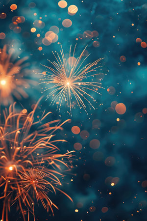Colorful fireworks with bokeh effect on dark blue sky backgroundの素材