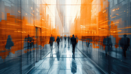 Business people walking in the corridor of modern office building. Double exposureの素材