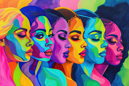 Group of multicolored female faces. Multicolored background.の素材