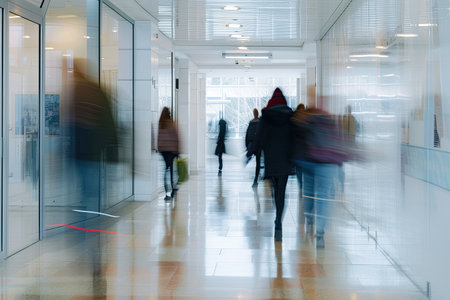 Blurred image of people walking in the corridor of a modern office buildingの素材