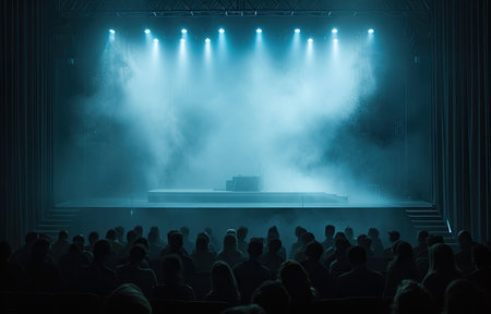 Cinema auditorium with people silhouettes and bright stage lightsの素材