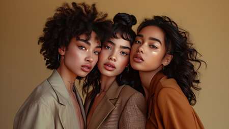 multiethnic women in beige coats looking at camera isolated on brownの素材