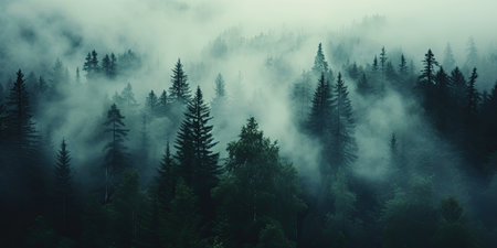 Panoramic view of foggy forest in Carpathian mountainsの素材