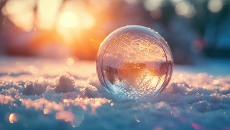 Crystal ball in the snow at sunset. Christmas and New Year background.の素材