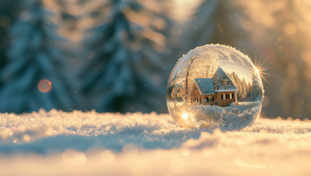 Snow globe with christmas house in winter forest. Christmas background.の素材