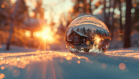 Christmas glass ball with reflection of a house in the snow at sunsetの素材