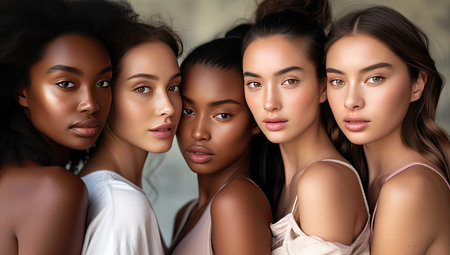 Group of four multiethnic women with different skin tones. Multiethnic group.の素材