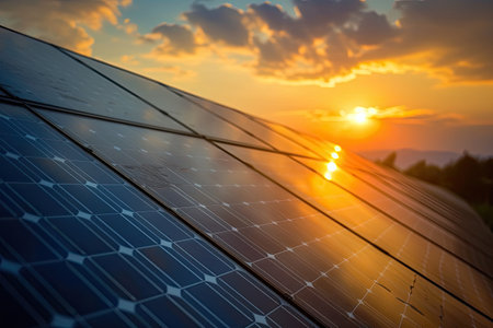 Solar panels on the roof of a building with a beautiful sunset.の素材