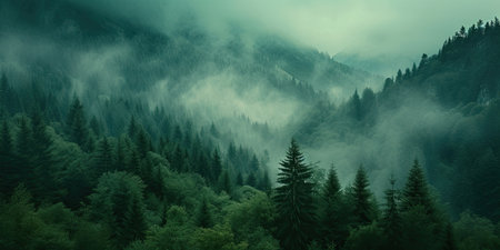 Misty mountain landscape with coniferous forest in the foreground.の素材