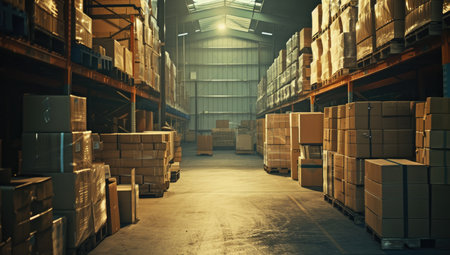 Warehouse or storehouse with rows of shelves and boxes for goodsの素材