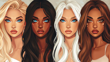 3d rendering of a group of beautiful women with long hair.の素材