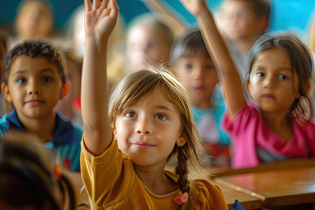 Portrait of a cute little girl raising her hands in the classroomの素材