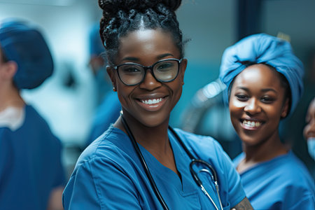 group of happy african american surgeons in operating room at hospitalの素材