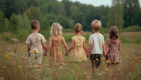 Group of children standing in a field of flowers and holding hands.の素材