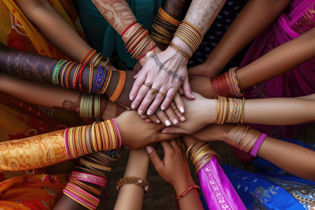 Close-up of hands of indian women with bracelets.の素材