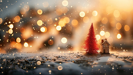Small toy house with Christmas tree on the background of bokeh lightsの素材