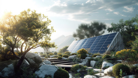 Solar panels in the garden. Alternative energy sources. 3d renderの素材