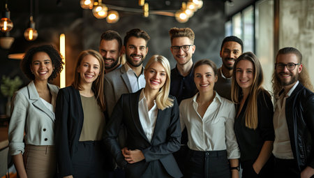 Group of business people standing in a row and smiling at the cameraの素材