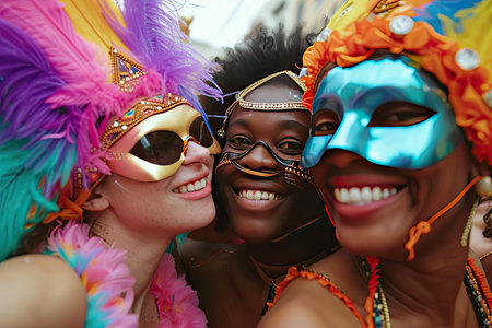 Portrait of a group of women wearing colorful carnival masks.の素材
