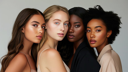 multiethnic group of women with different skin colors posing at studioの素材