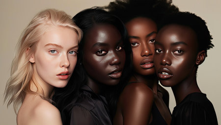 Group of diverse women with different skin colors posing together in studio.の素材