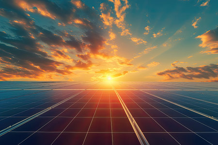 Solar panels against the sunset sky. 3d rendering, illustration.の素材
