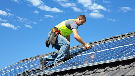 Photovoltaic technician installing solar panels on the roof of a houseの素材