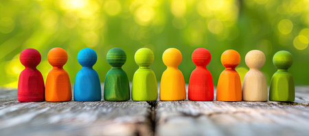 Wooden people in different colors standing in a row on wooden backgroundの素材