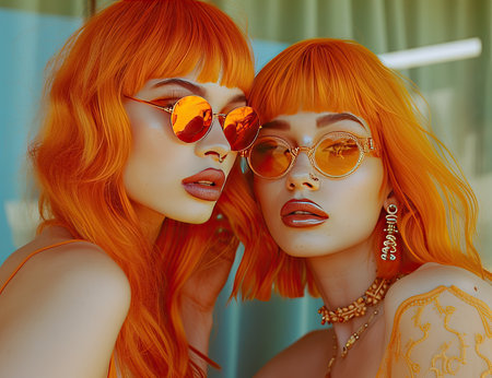 two beautiful girls with red hair and orange make-up in sunglassesの素材