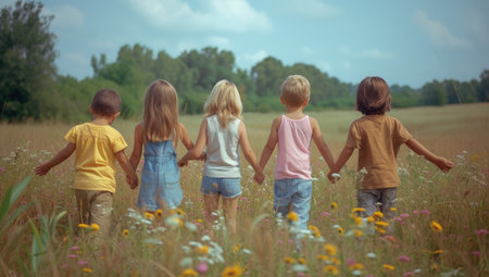 Group of kids holding hands and walking in summer field. Childhood, friendship and togetherness concept.の素材