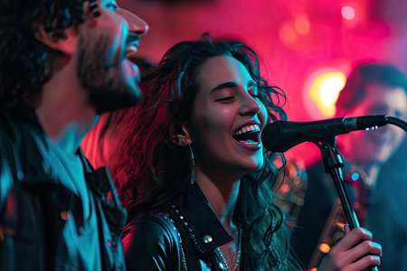 cropped view of singer singing while band performing on stage in nightclubの素材