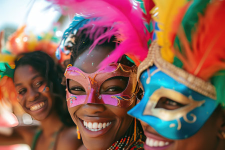 Group of african american women in colorful carnival masks.の素材