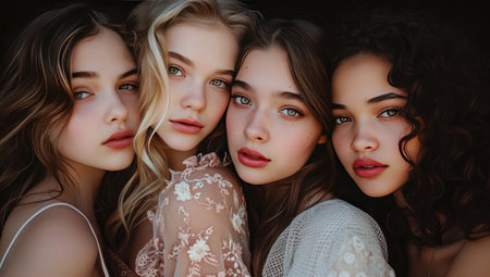 Group of beautiful young women posing in the studio. Beauty, fashion.の素材
