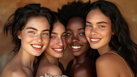 Group of young women with different skin colors smiling and looking at cameraの素材