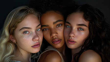 Portrait of three multiethnic women with different skin tones.の素材