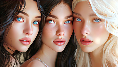 3d rendering of three beautiful women with long hair and blue eyesの素材
