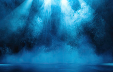 blue smoke on stage with spotlights. 3d render illustration.の素材